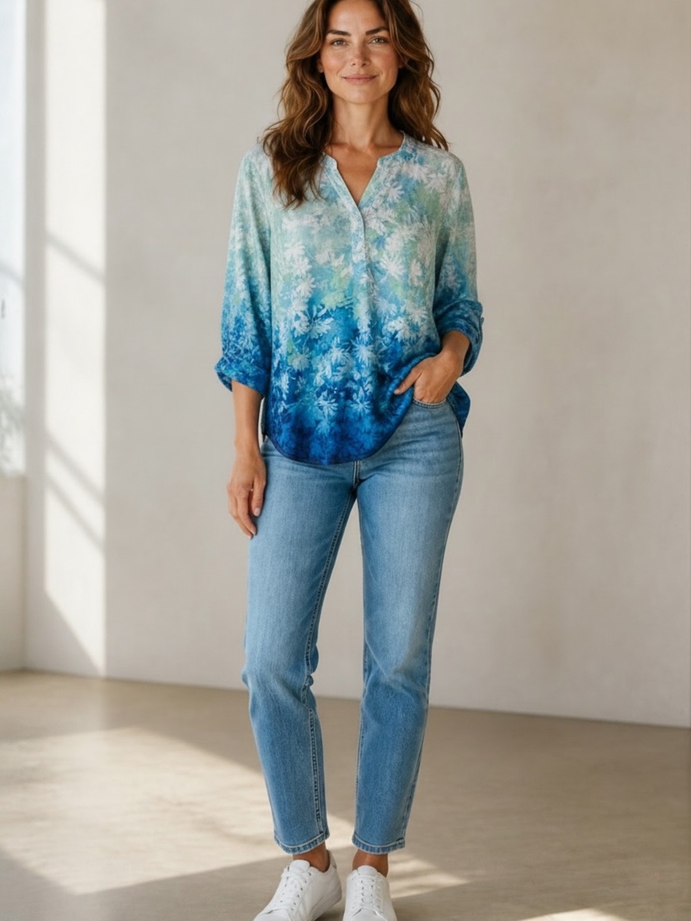 Alfred Dunner Teal and Aqua Floral Henley Blouse